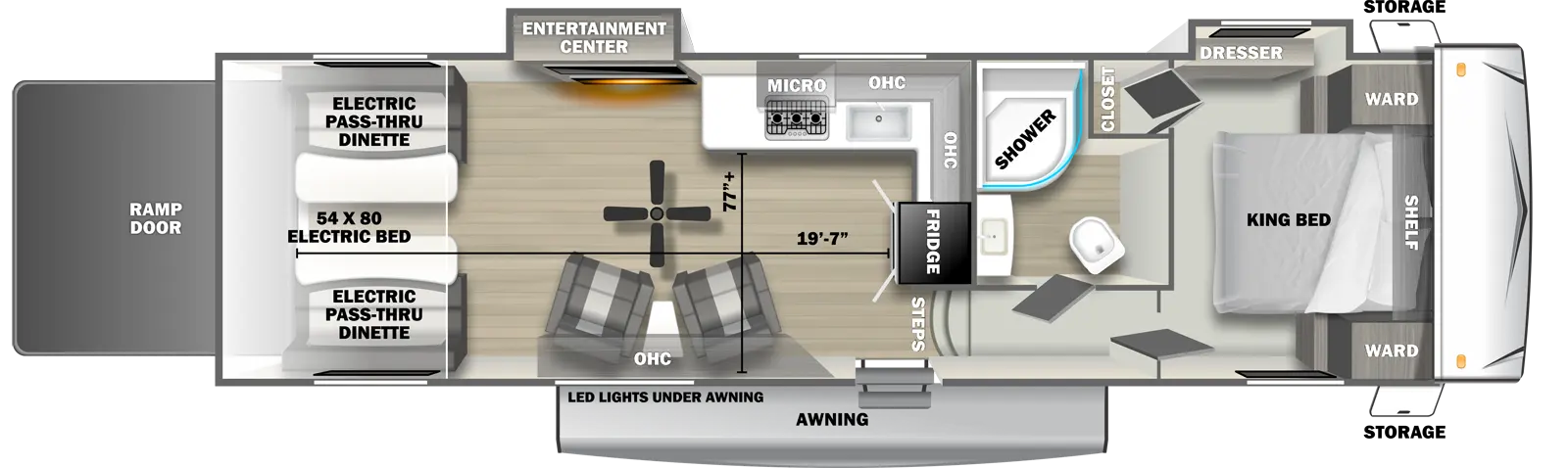 The 3300RLT fifth wheel has 2 slide outs on the off-door side, 1 entry door and 1 rear ramp door. Exterior features include an awning with LED lights and front opposing side storage access. Interior layout from front to back includes front bedroom with foot-facing King bed, shelf over the bed, front corner wardrobes, front facing closet and off-door side slideout holding a dresser; off-door side bathroom with radius shower, toilet and single sink vanity; 3 steps down into the kitchen area with off-door side L-shaped countertop, stovetop, L-Shaped overhead cabinets, sink and rear facing refrigerator; 2 door side recliners with end table; ceiling fan; off-door side slideout holding and entertainment center; and rear 54 x 80 electric bed over electric pass-through dinette. Cargo length from rear of unit to refrigerator is 19 ft. 7 in. Cargo width from countertop to door side wall is 77 inches.